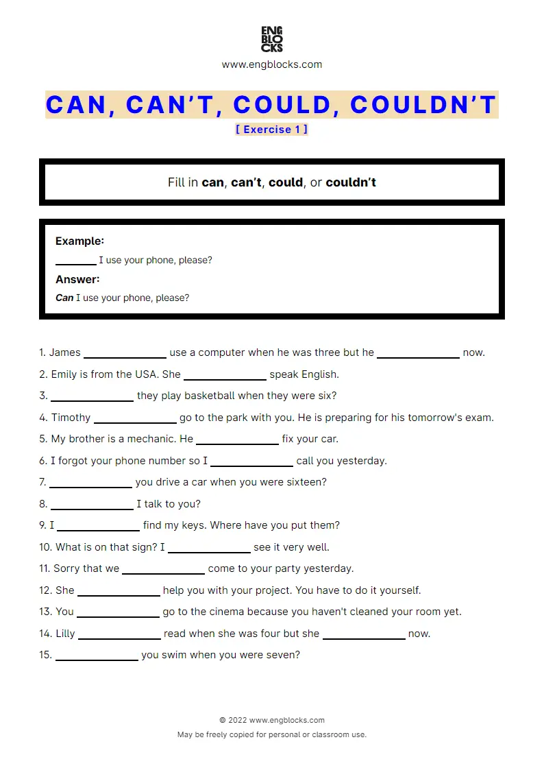 Grammar Worksheet: can/‌can’t/‌could/‌couldn’t