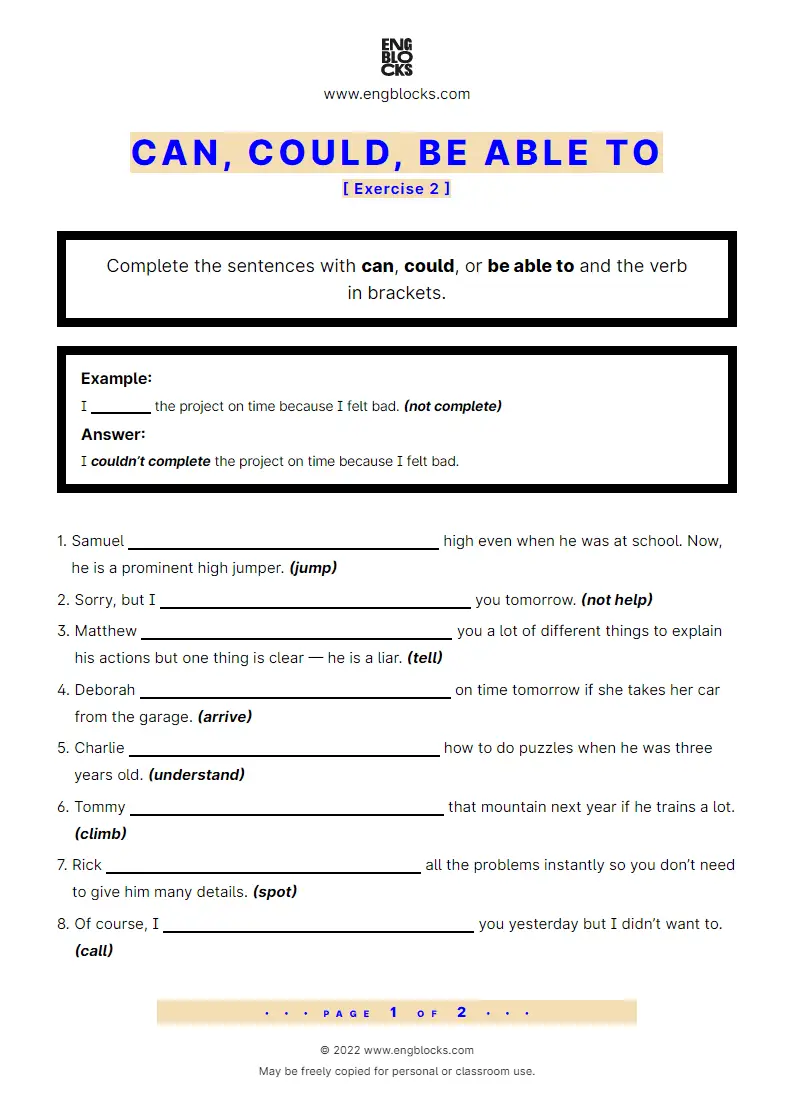 Grammar Worksheet: can/‌could/‌be able to — Exercise 2