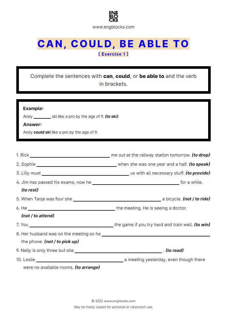 Grammar Worksheet: can/‌could/‌be able to — Exercise