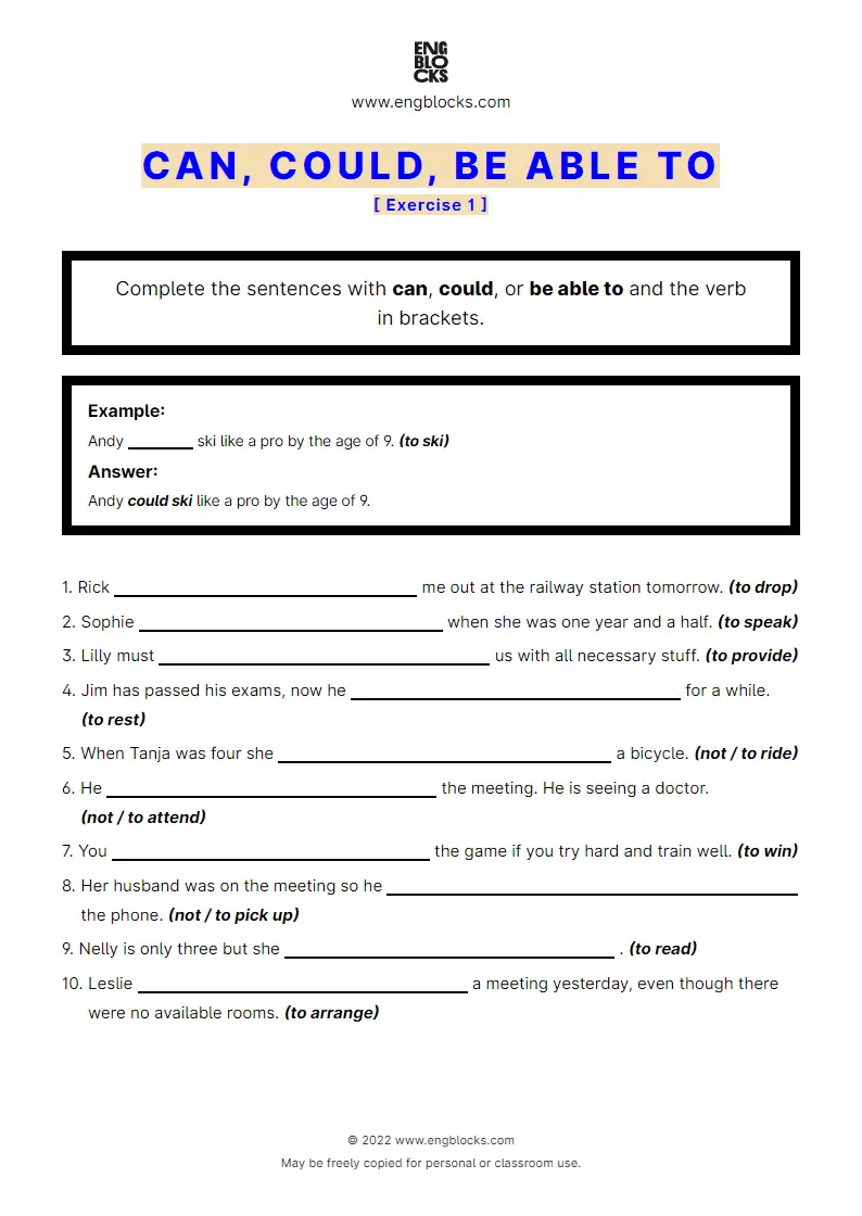 Grammar Worksheet: can/‌could/‌be able to — Exercise