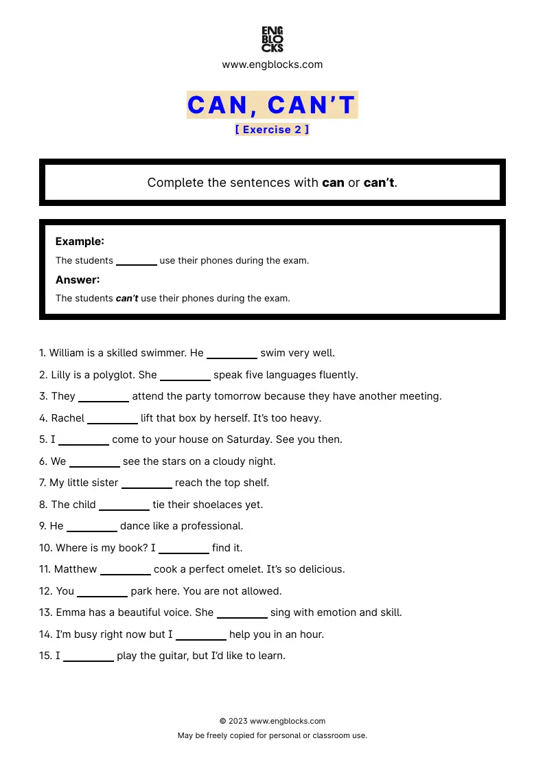 Grammar Worksheet: can or can’t — Exercise 2
