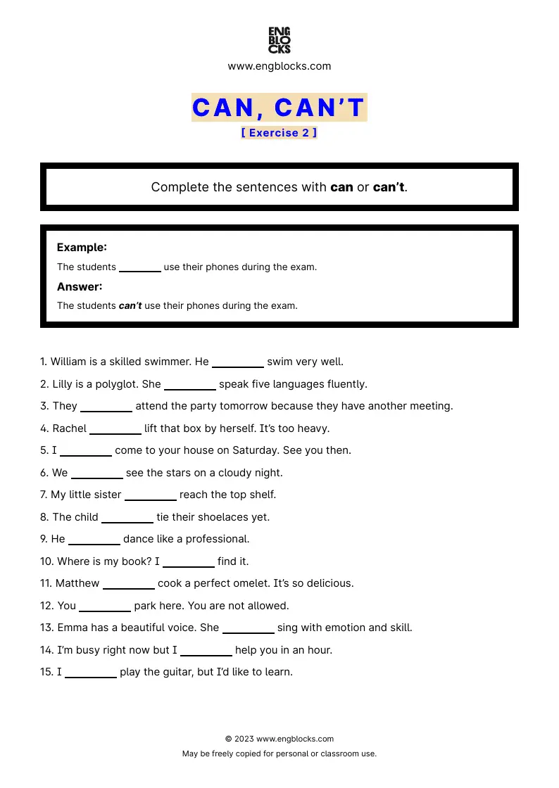 Grammar Worksheet: can or can’t — Exercise 2