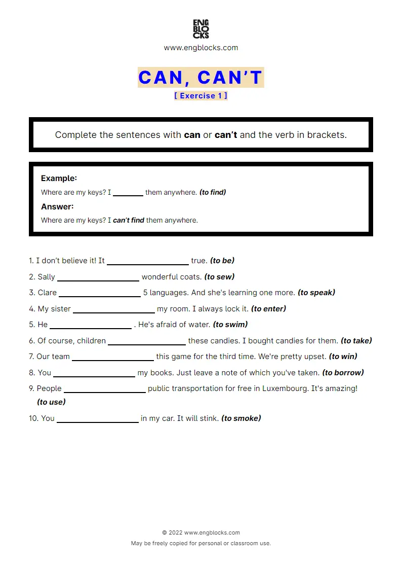 Grammar Worksheet: can or can’t — Exercise