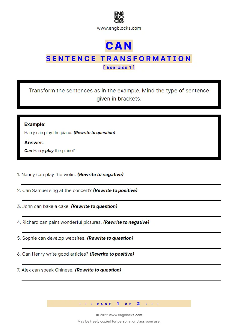 Grammar Worksheet: can — Sentence transformation (positive, negative, question)
