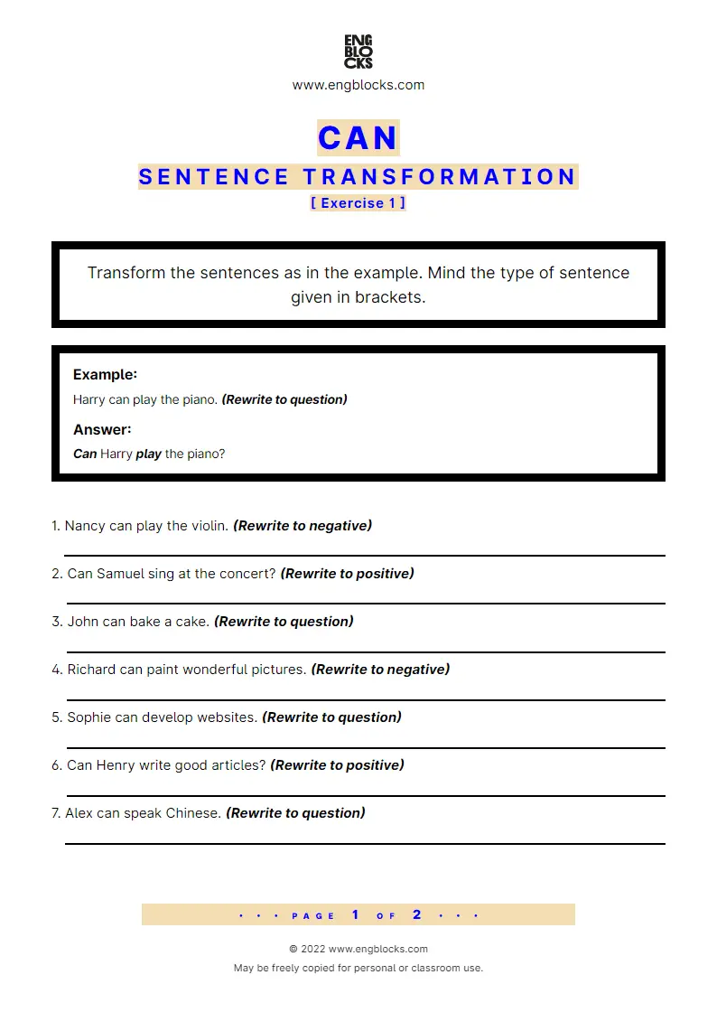 Grammar Worksheet: can — Sentence transformation (positive, negative, question)