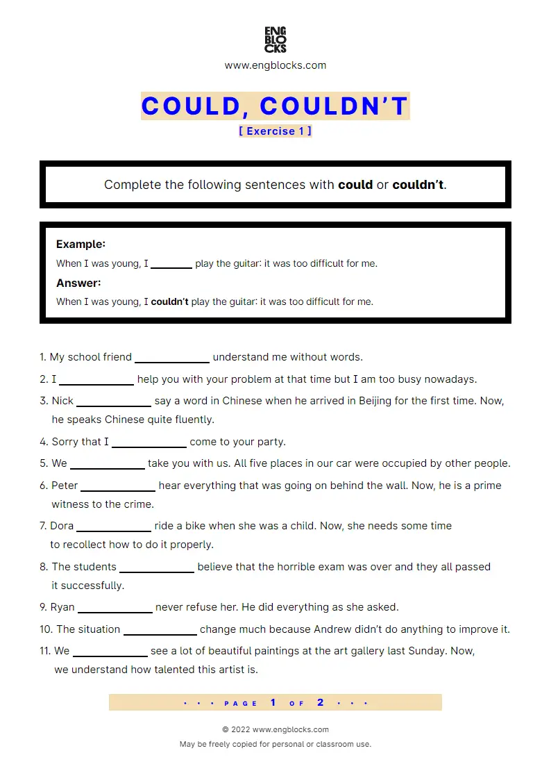 Grammar Worksheet: could or couldn’t — Exercise 1