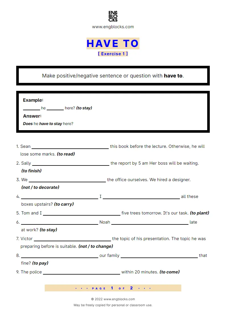 Grammar Worksheet: have to in sentences, negations and questions — Exercise 1