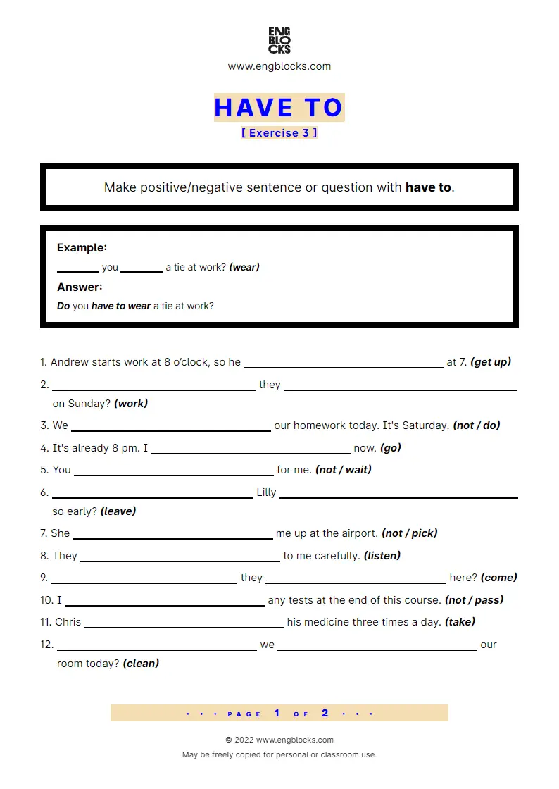 Grammar Worksheet: have to in sentences, negations and questions — Exercise 3