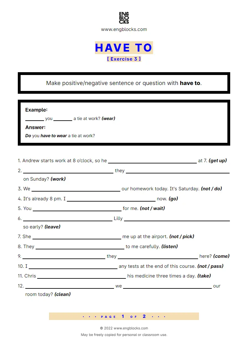 Grammar Worksheet: have to in sentences, negations and questions — Exercise 3