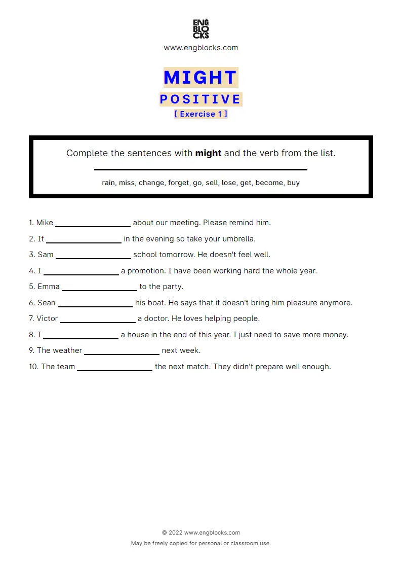 Grammar Worksheet: might + a list of verbs to choose from