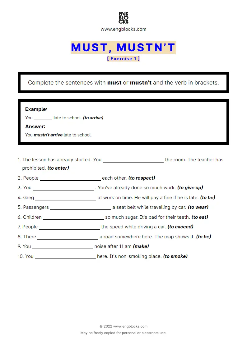 Grammar Worksheet: must or mustn’t with a verb to fill in — Exercise 2