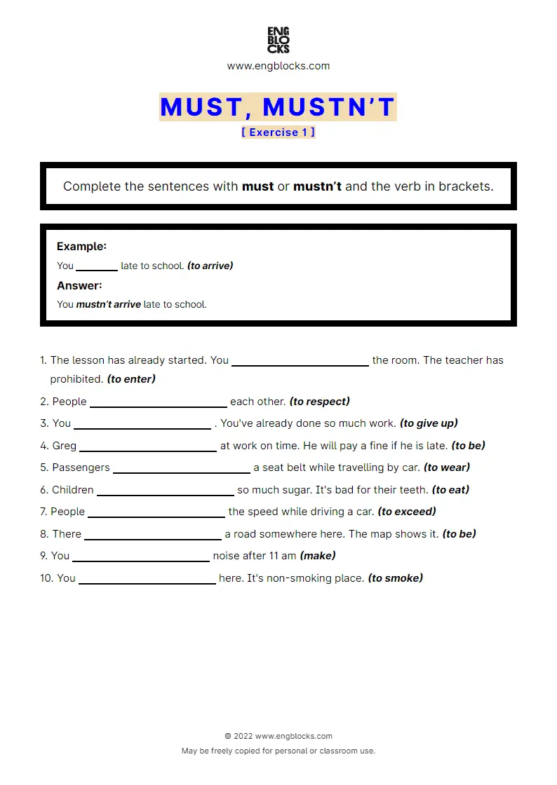 Grammar Worksheet: must or mustn’t with a verb to fill in — Exercise 2