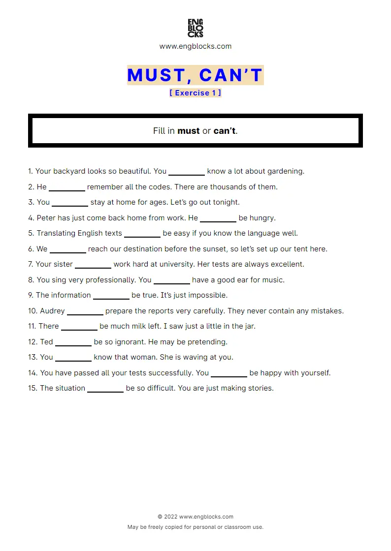 Grammar Worksheet: must vs. can’t — Exercise 2