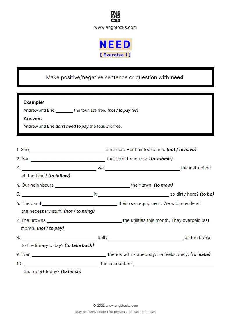 Grammar Worksheet: need in sentences, negations and question