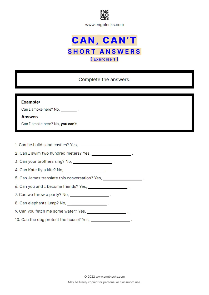 Grammar Worksheet: Short answers with can/‌can’t