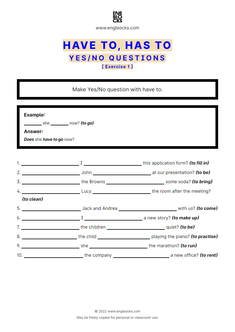 Grammar Worksheet: Yes/‌No question with have to or has to