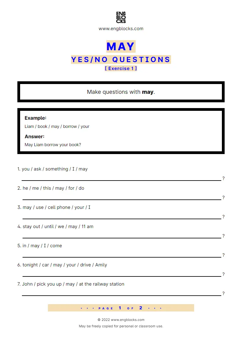Grammar Worksheet: Yes/‌No question with may