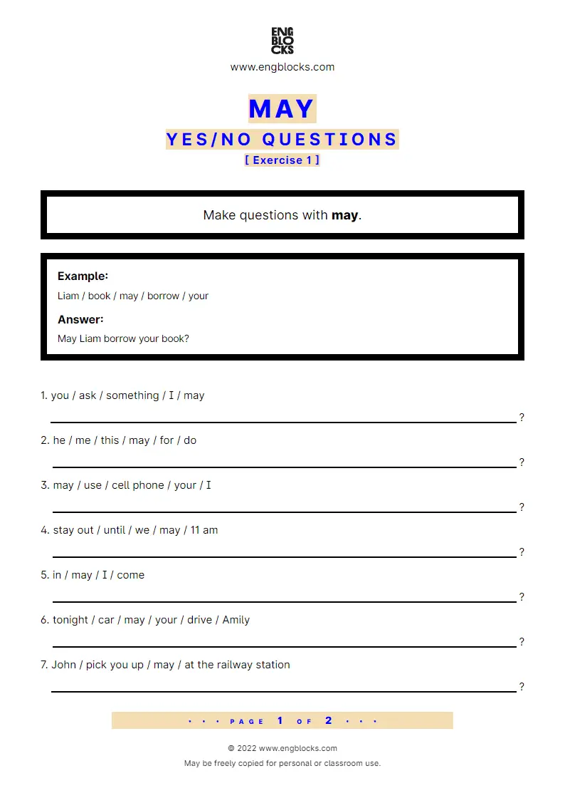 Grammar Worksheet: Yes/‌No question with may
