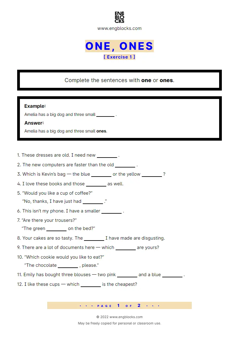 Grammar Worksheet: one, ones — Exercise 1