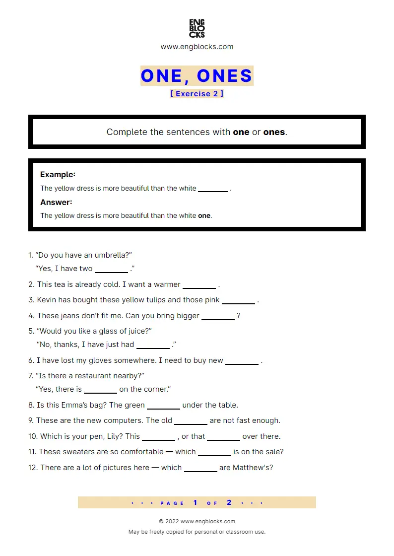 Grammar Worksheet: one, ones — Exercise 2