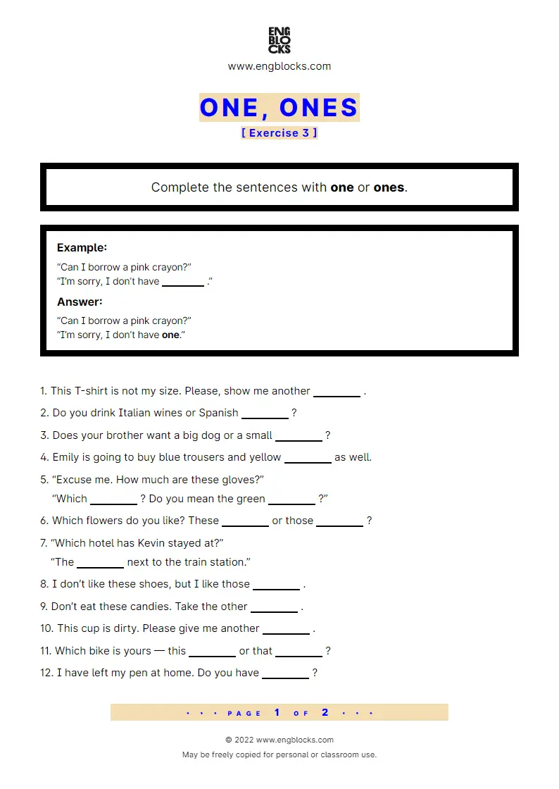 Grammar Worksheet: one, ones — Exercise 3