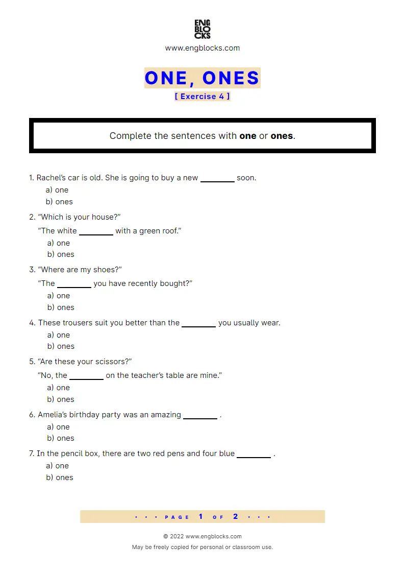 Grammar Worksheet: one, ones — Exercise 4