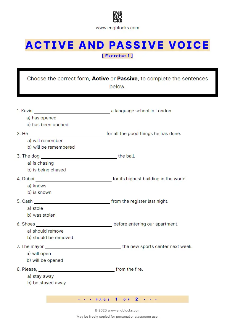 Grammar Worksheet: Active and Passive Voice — Exercise 1