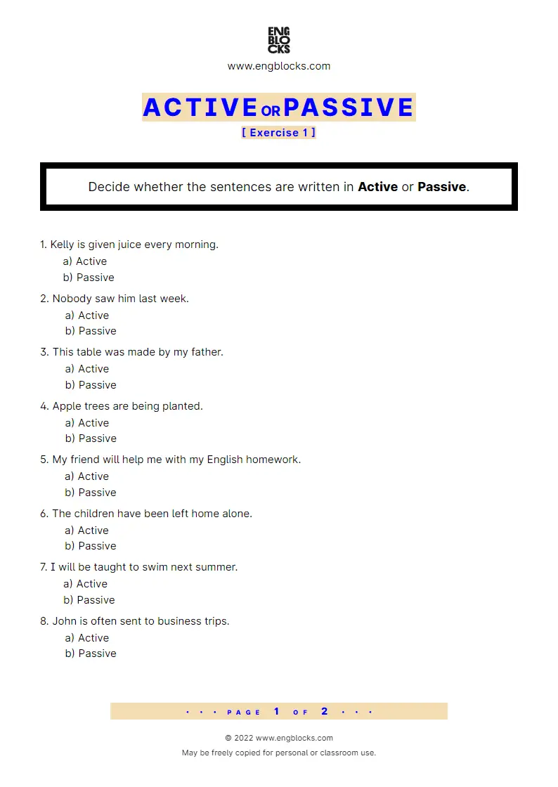 Grammar Worksheet: Active or Passive — Exercise 1