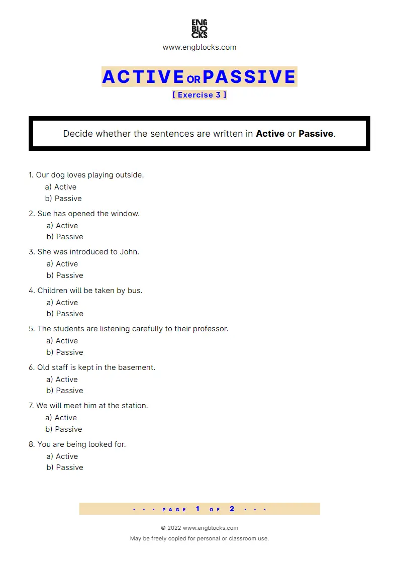 Grammar Worksheet: Active or Passive — Exercise 3