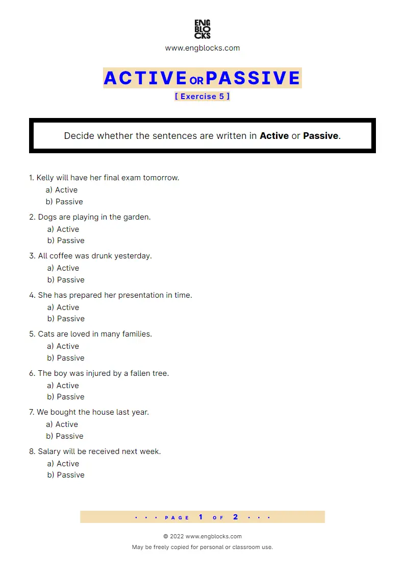 Grammar Worksheet: Active or Passive — Exercise 5