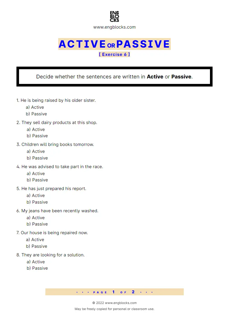 Grammar Worksheet: Active or Passive — Exercise 6