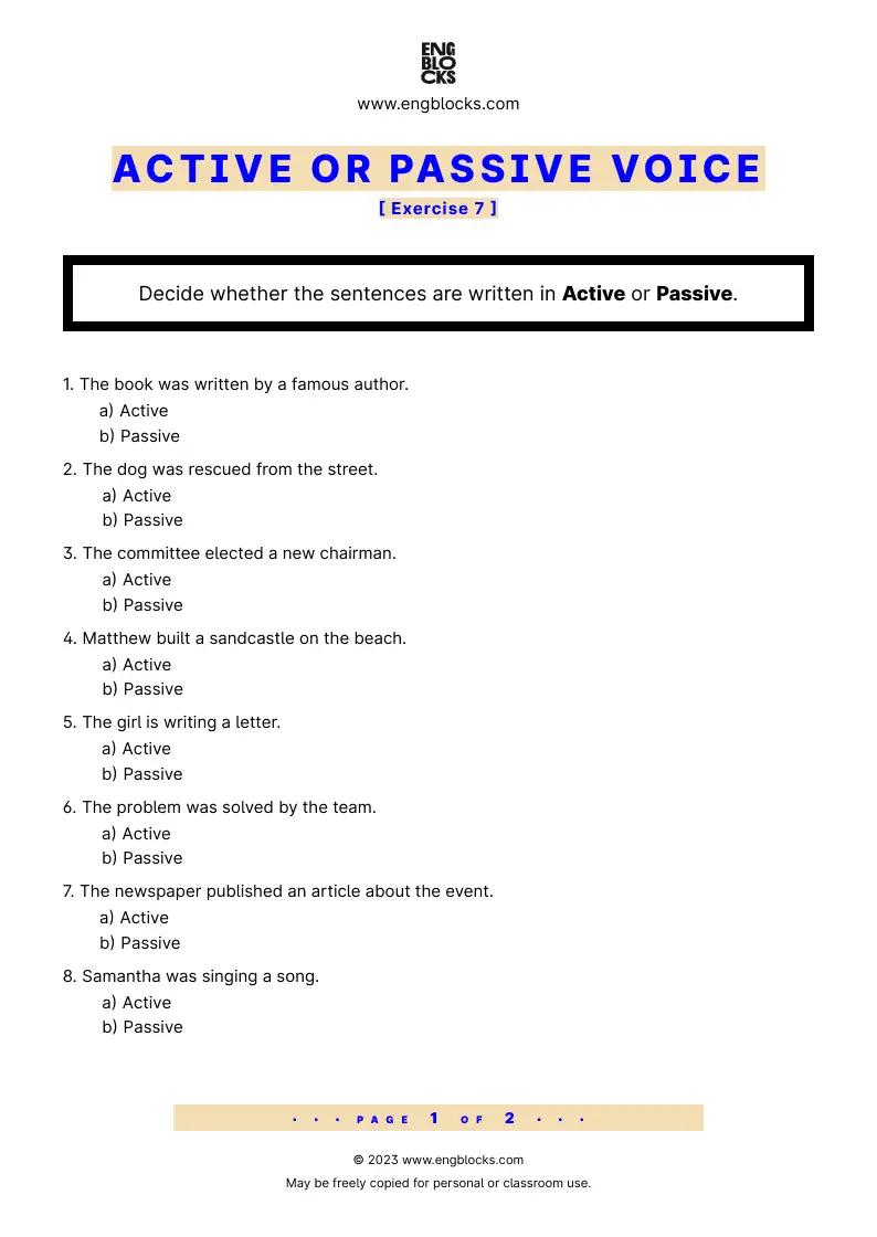 Grammar Worksheet: Active or Passive — Exercise 7