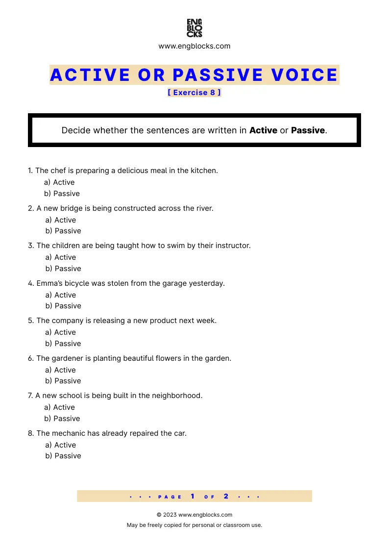 Grammar Worksheet: Active or Passive — Exercise 8