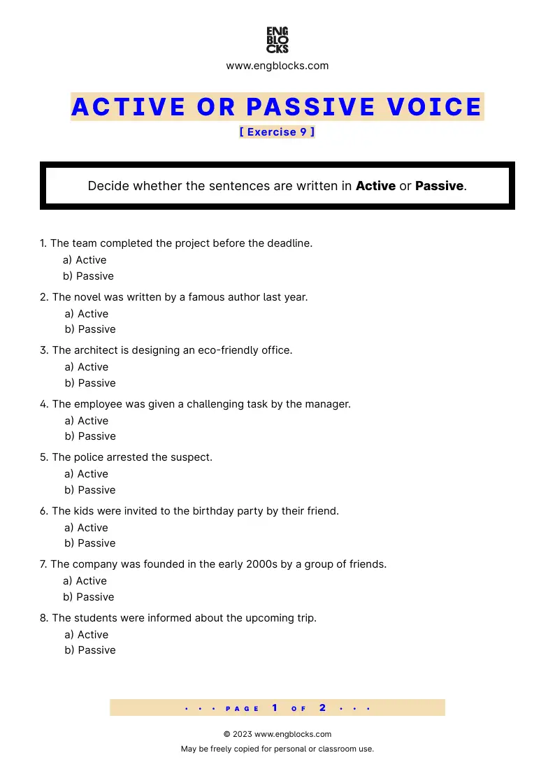 Grammar Worksheet: Active or Passive — Exercise 9