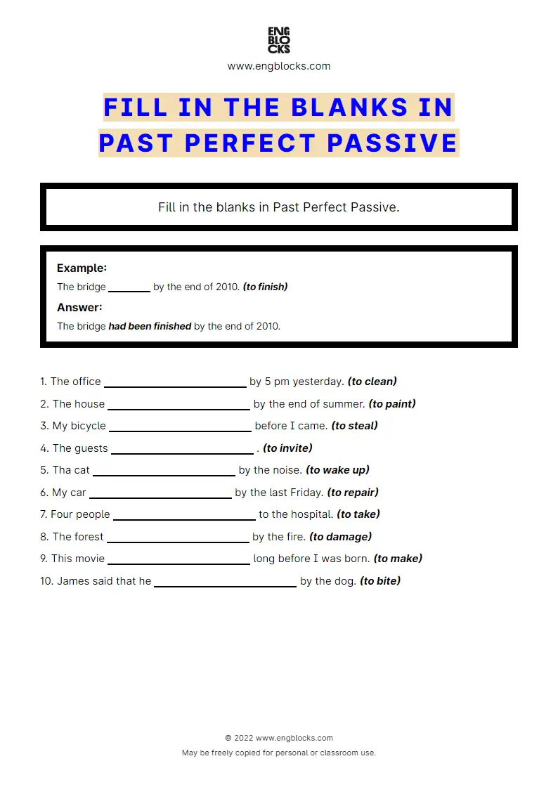 Grammar Worksheet: Fill in the blanks in Past Perfect Passive