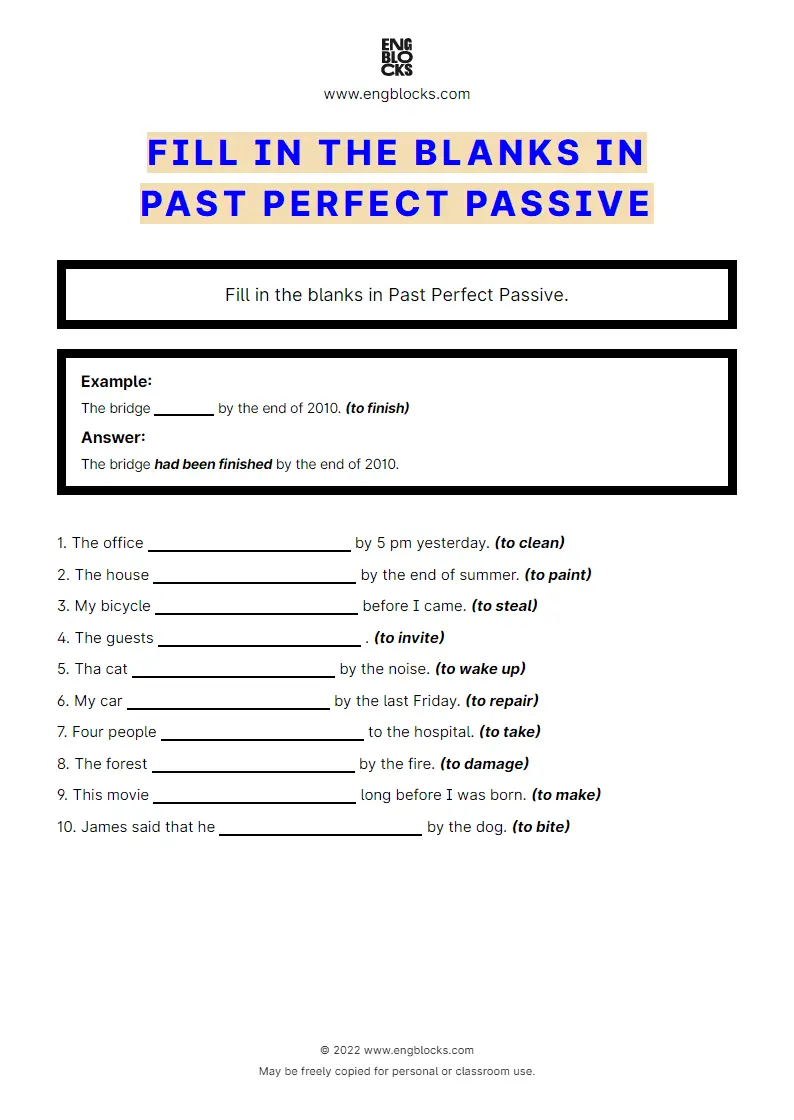 Grammar Worksheet: Fill in the blanks in Past Perfect Passive