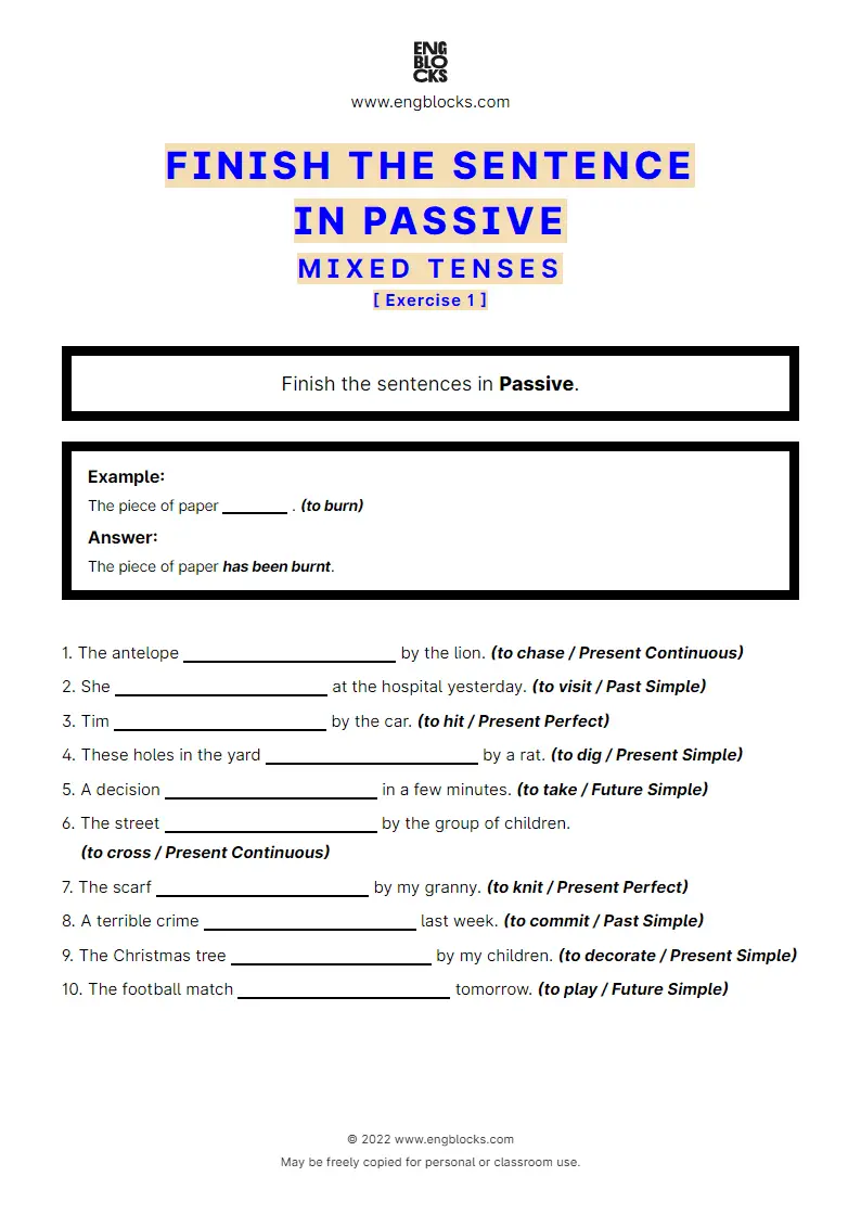 Grammar Worksheet: Finish the sentence in Passive — Mixed Exercise