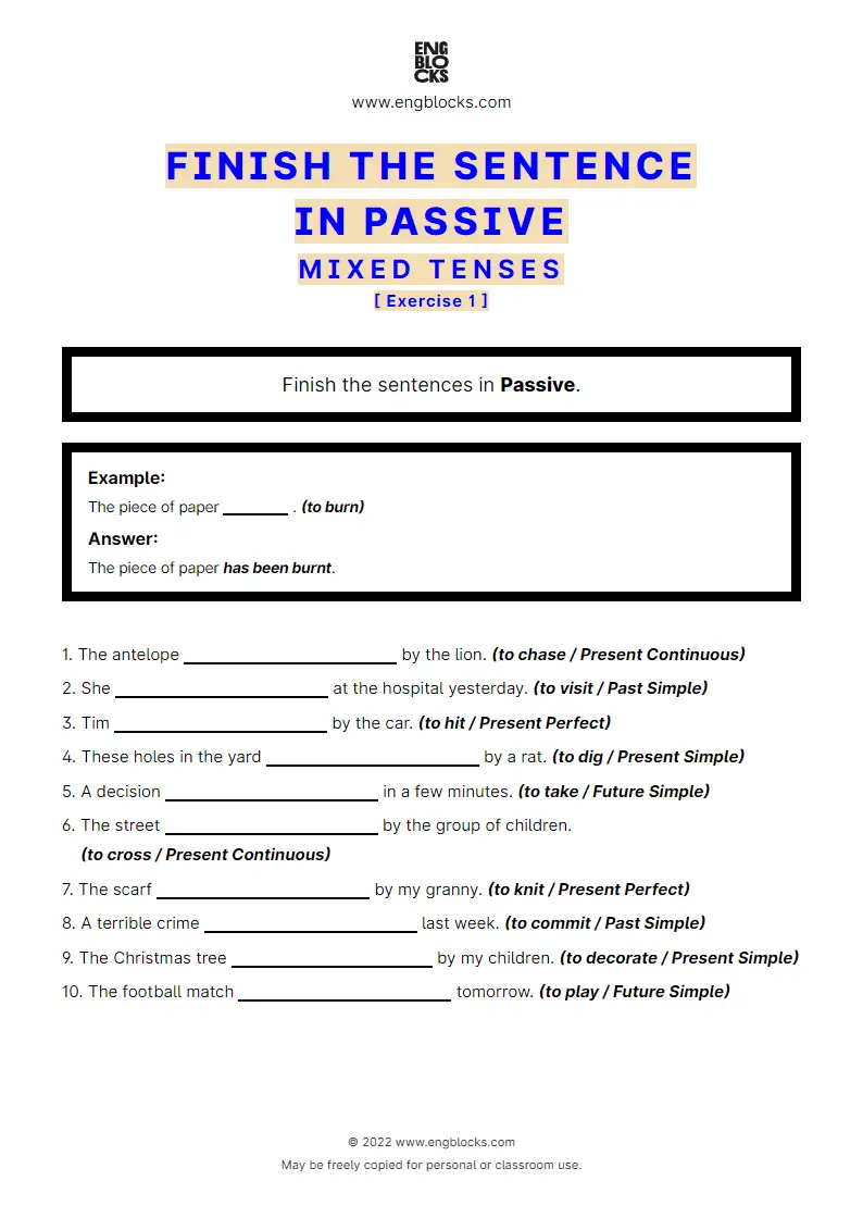 Grammar Worksheet: Finish the sentence in Passive — Mixed Exercise