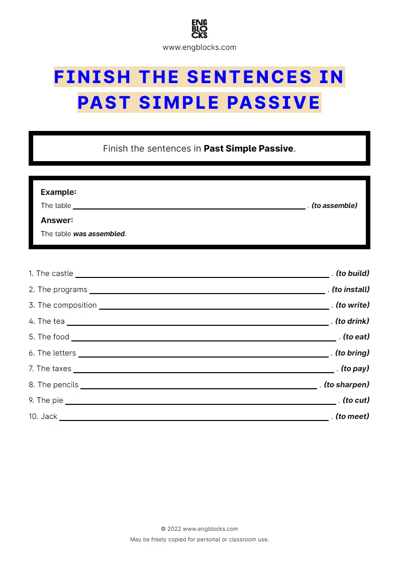 Grammar Worksheet: Finish the sentence in Past Simple Passive