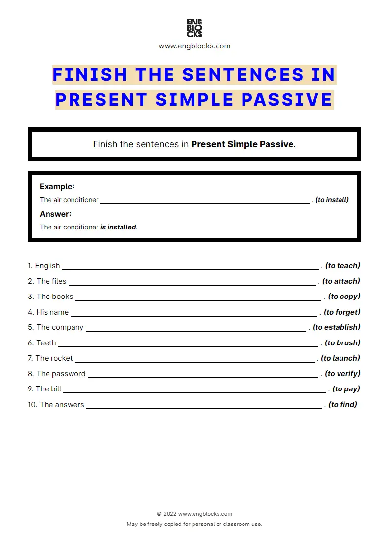 Grammar Worksheet: Finish the sentence in Present Simple Passive