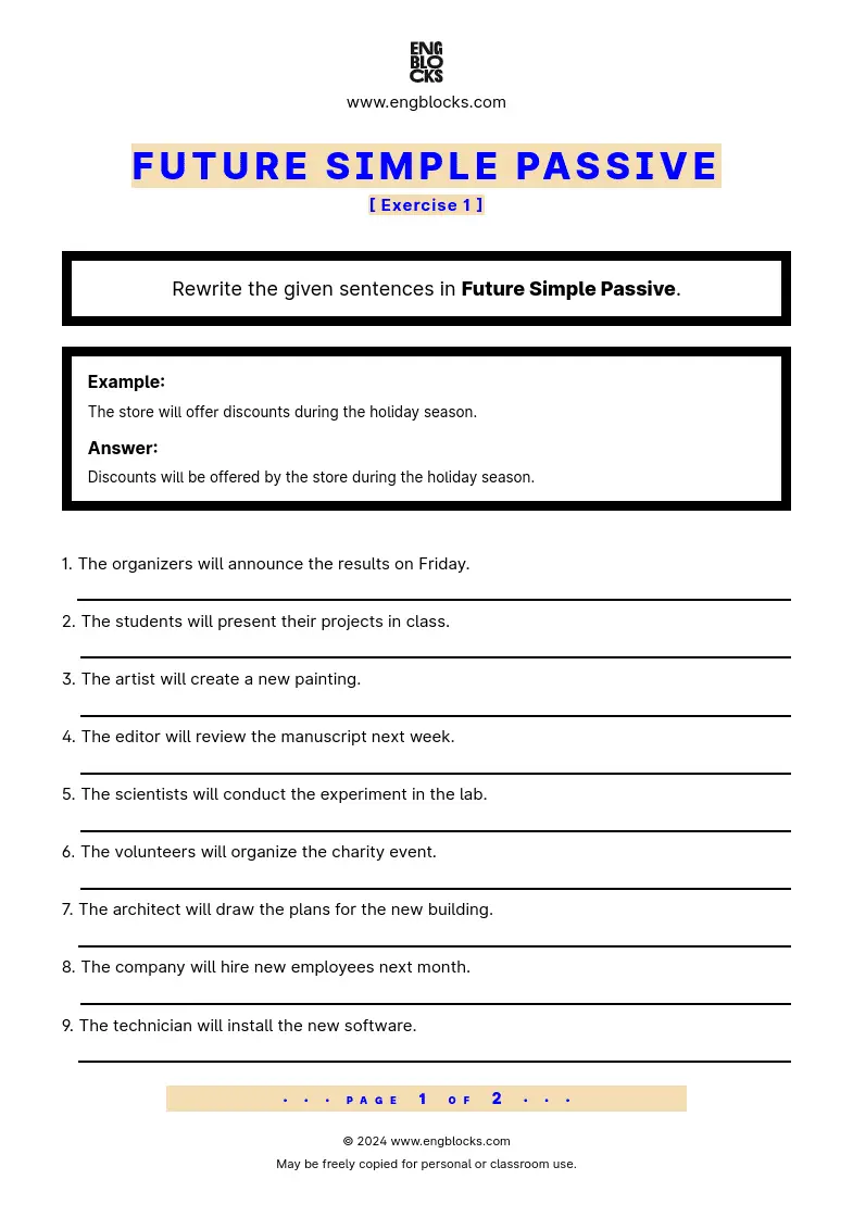 Grammar Worksheet: Future Simple Passive — Exercise 1