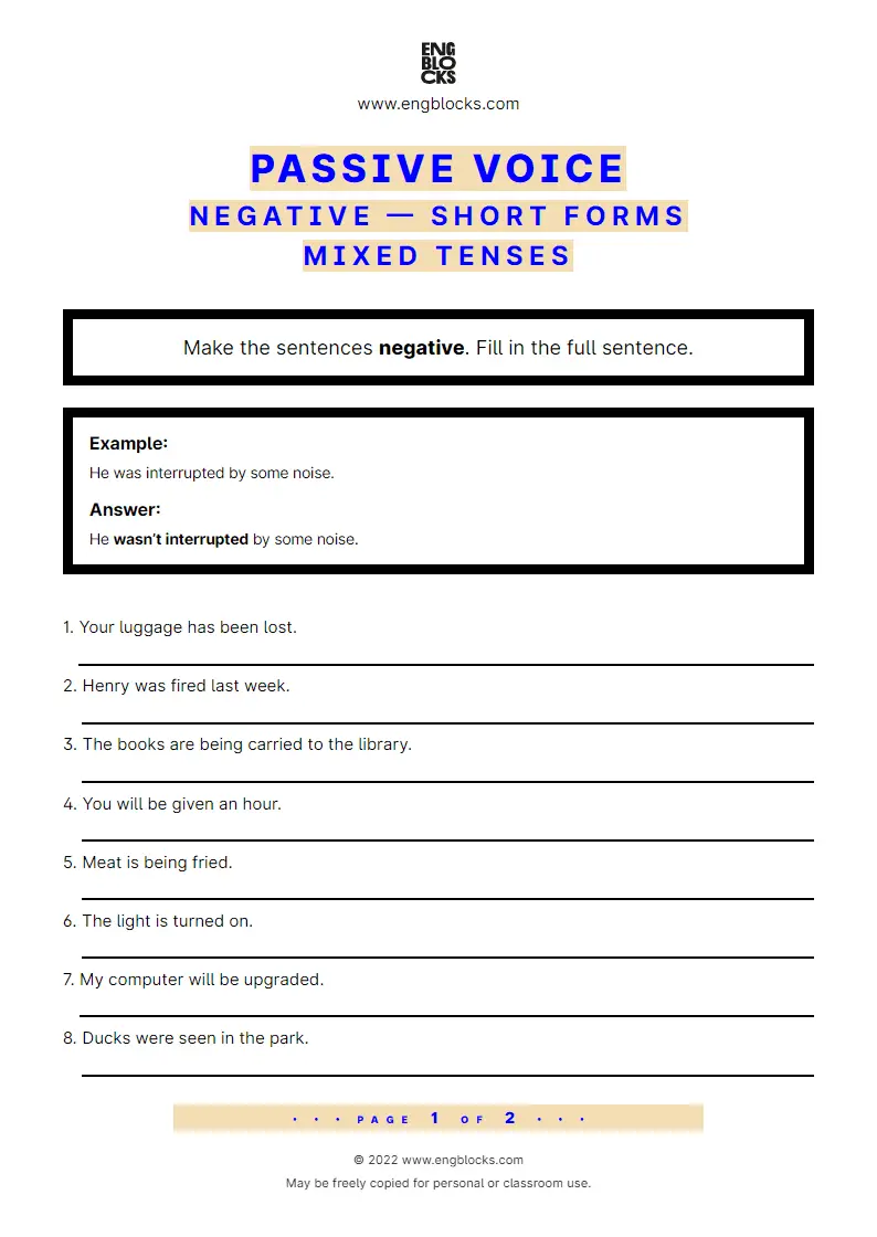 Grammar Worksheet: Negation in Passive — Short forms — Mixed Exercise