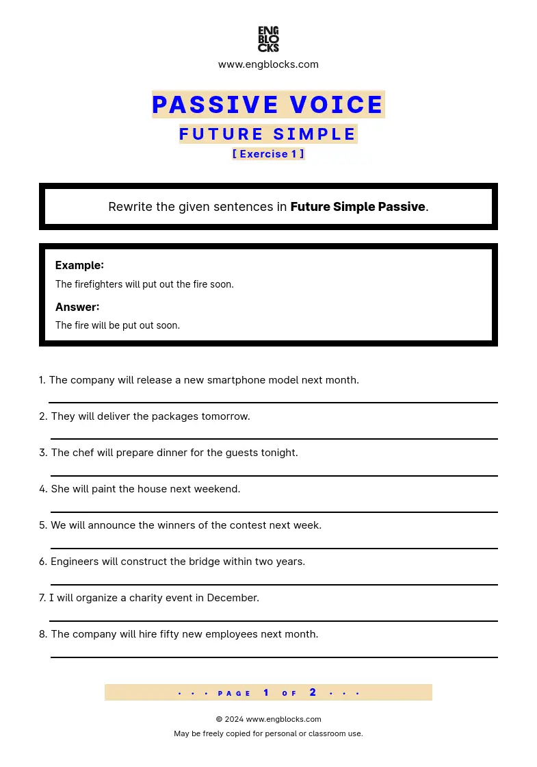 Grammar Worksheet: Passive Voice Future Simple — Exercise 1