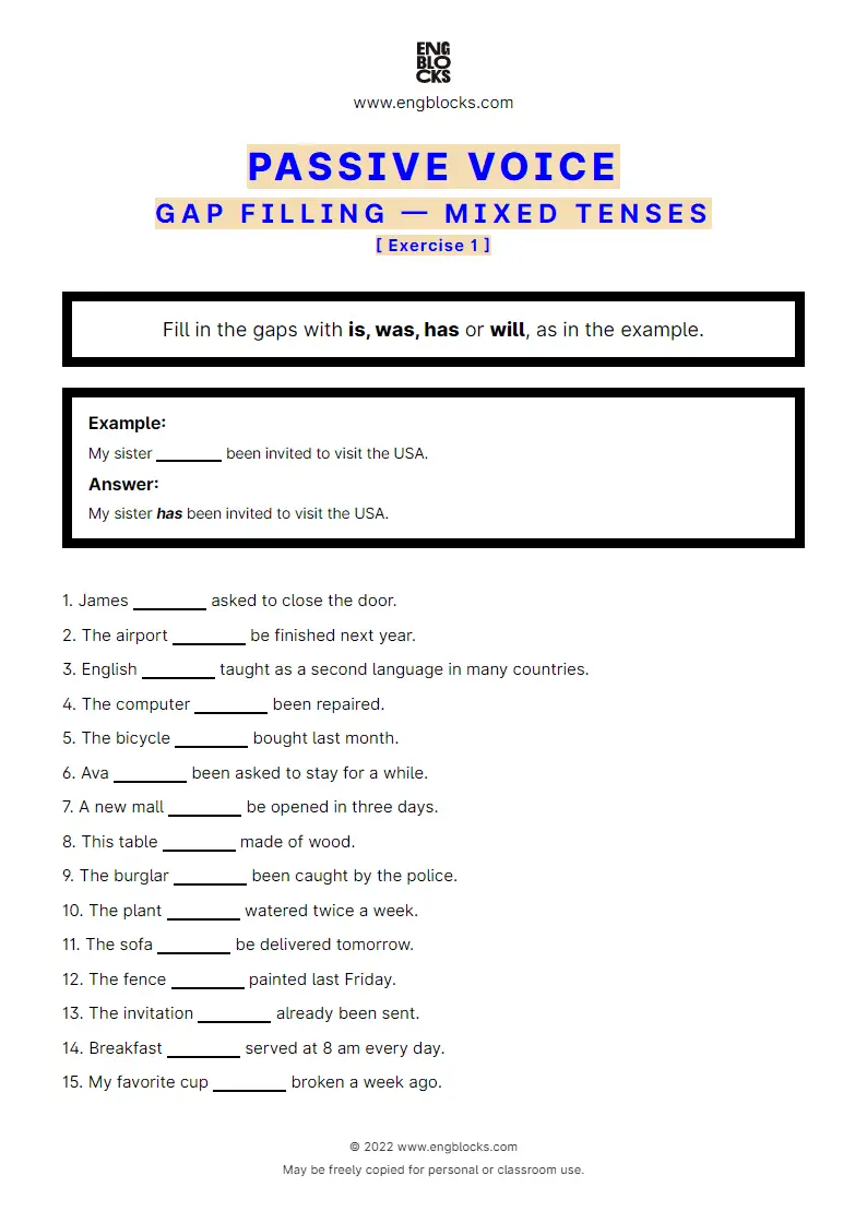 Grammar Worksheet: Passive Voice — Gap filling