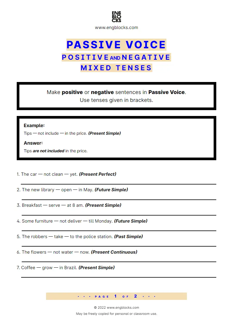 Grammar Worksheet: Passive Voice — Mixed Tenses — Positive and Negative sentences