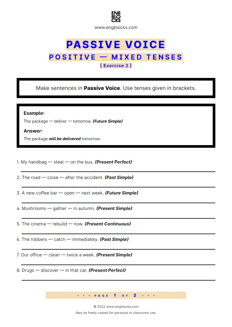Grammar Worksheet: Passive Voice — Mixed Tenses — Positive sentences — Exercise 2