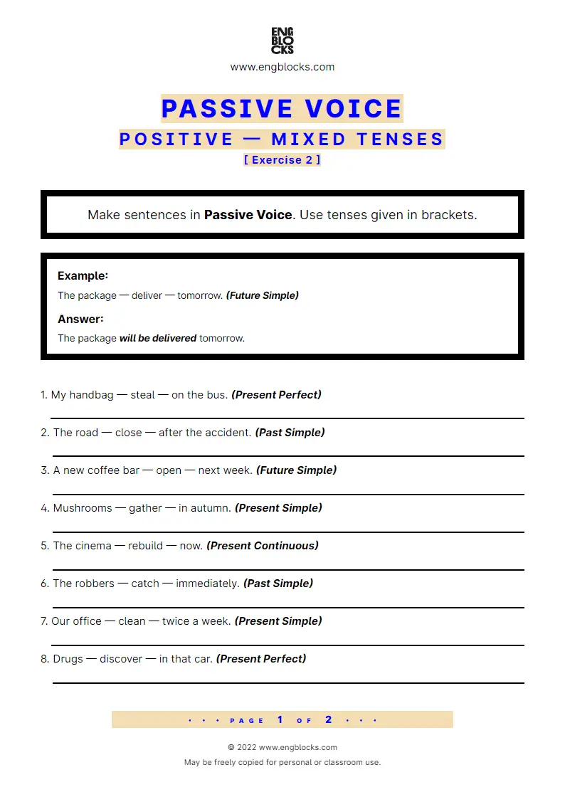 Grammar Worksheet: Passive Voice — Mixed Tenses — Positive sentences — Exercise 2