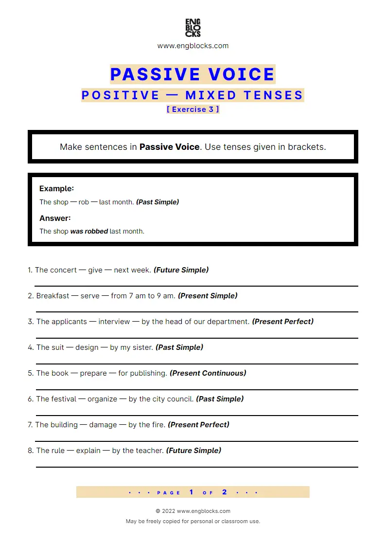 Grammar Worksheet: Passive Voice — Mixed Tenses — Positive sentences — Exercise 3