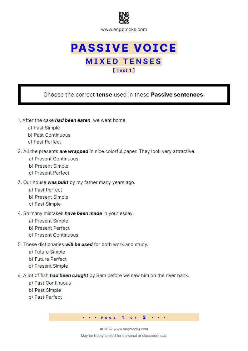 Grammar Worksheet: Passive Voice — Mixed Tenses — Test 1