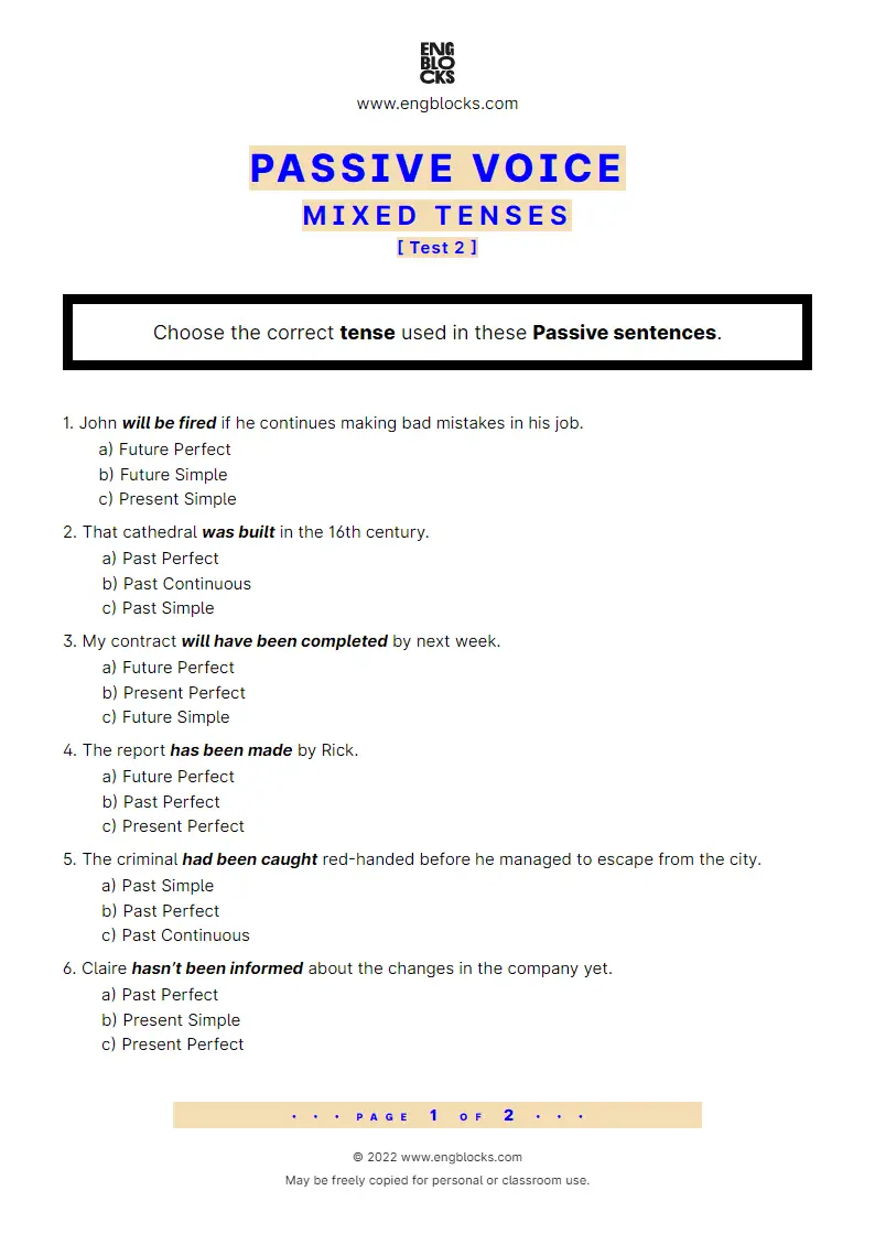 Grammar Worksheet: Passive Voice — Mixed Tenses — Test 2